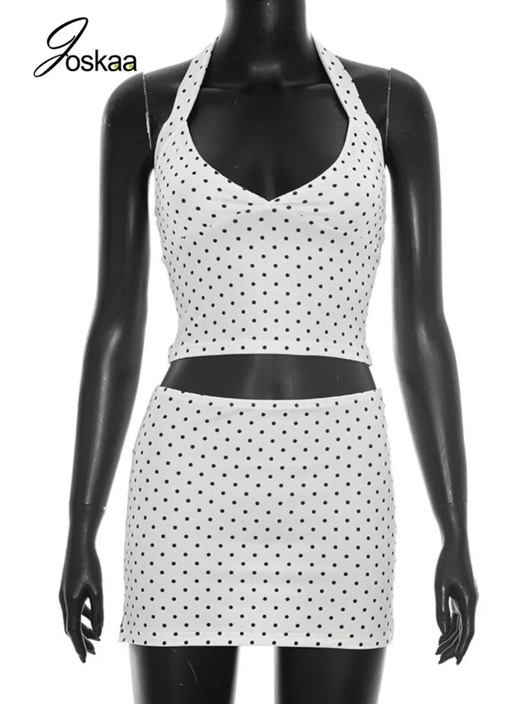 Women's Polka Dot Backless Halter Two Piece Set Black – Back View