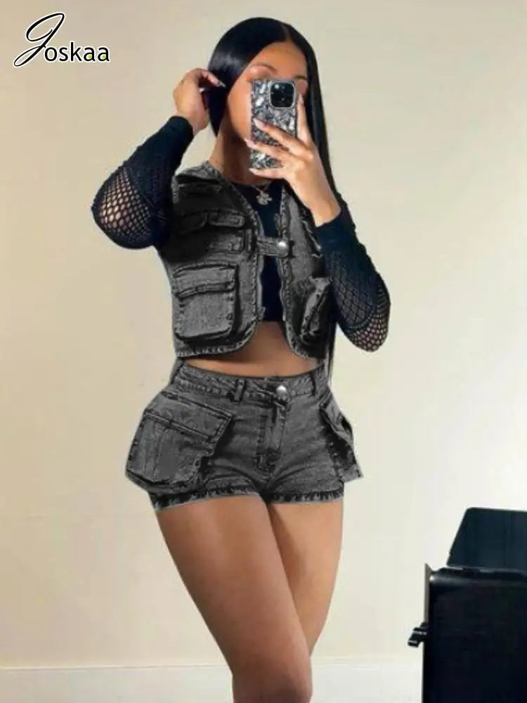 Women's Denim Crop Stretch Pockets Vest Two Piece Set Dark Grey – Side View