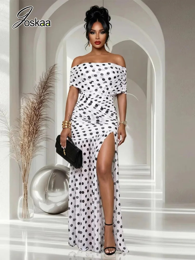 Women's Polka Dot Mesh Ruched Strapless Maxi Dress - Front View