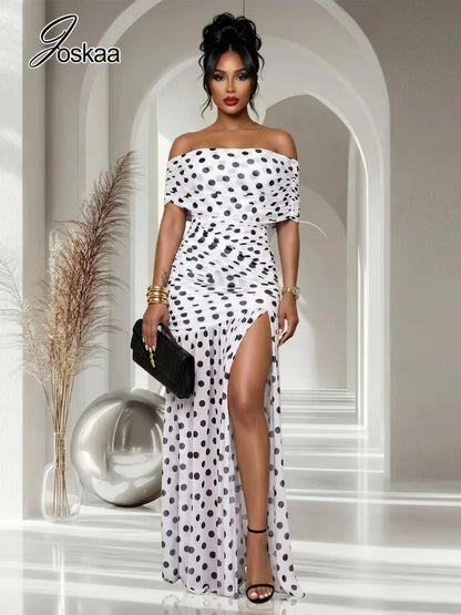Women's Polka Dot Mesh Ruched Strapless Maxi Dress - Front View