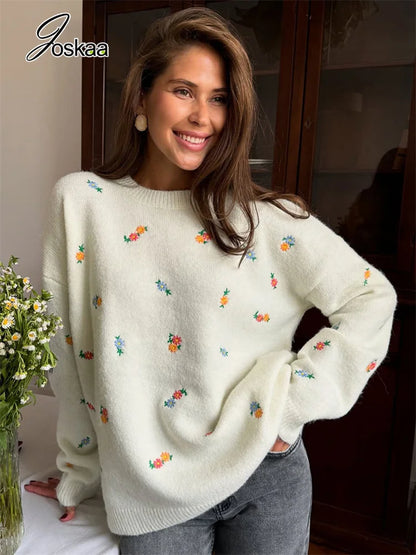 Women's Floral Print Knit Long Sleeve Top White – Side View