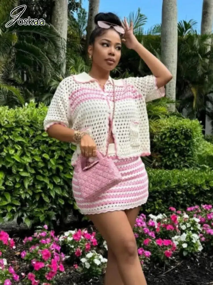 Women's Stripe Knit Short Sleeve Two Piece Set Blue – Front View
