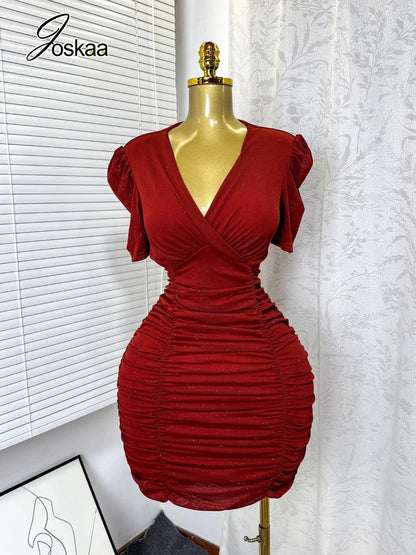 Women's Sequin Ruched V-neck Bodycon Mini Dress - Women's Fashion Wholesale - Front View