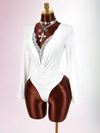 Joskaa Lace Ruched Long Sleeve Bodycon Romper - romper image 3