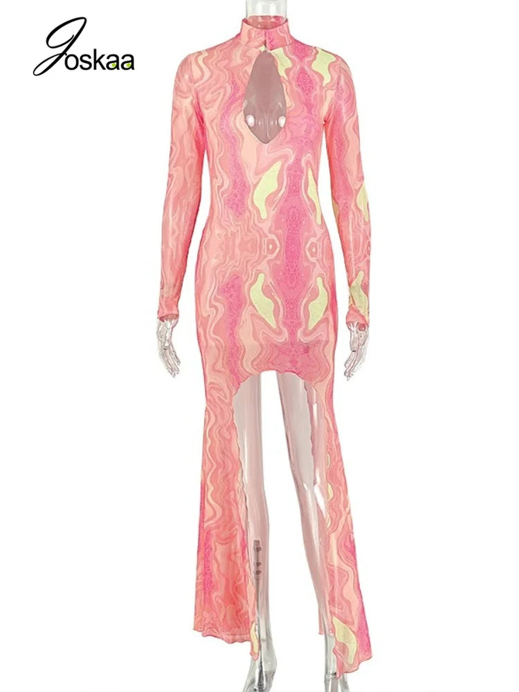 Women's Swirl Print Mesh Cutout Long Sleeve Maxi Dress - Back View