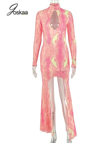 Women's Swirl Print Mesh Cutout Long Sleeve Maxi Dress - Back View