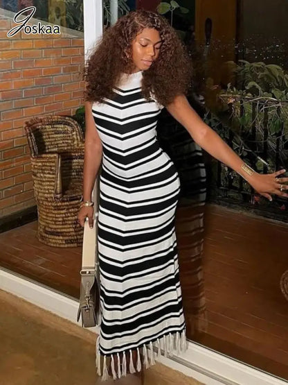 Women's Stripe Knit Sleeveless Bodycon Dress Green – Side View