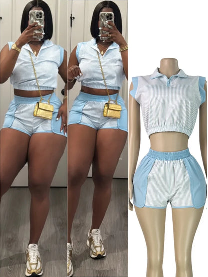 Women's Striped Zip Up Sleeveless Two Piece Set - Detail View 7