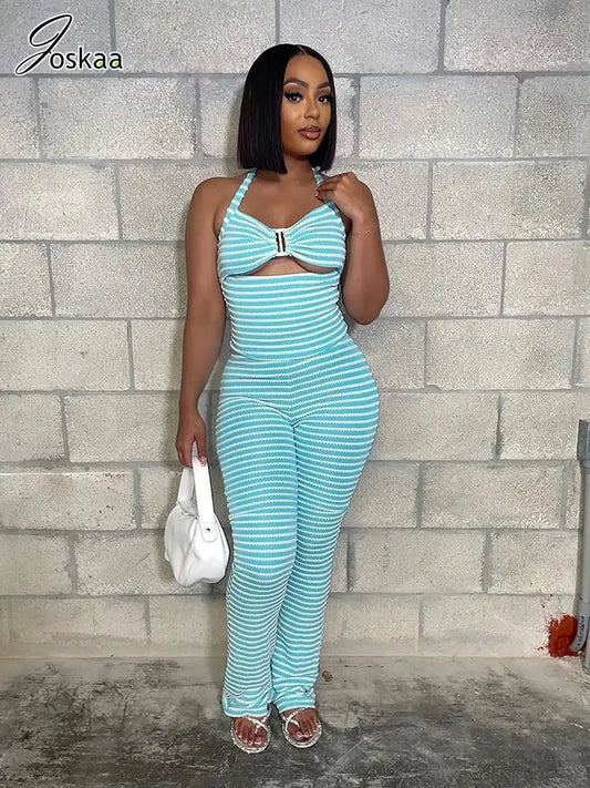 Women's Stripe Cutout Halter Two Piece Set – Women's Fashion Wholesale – Front View
