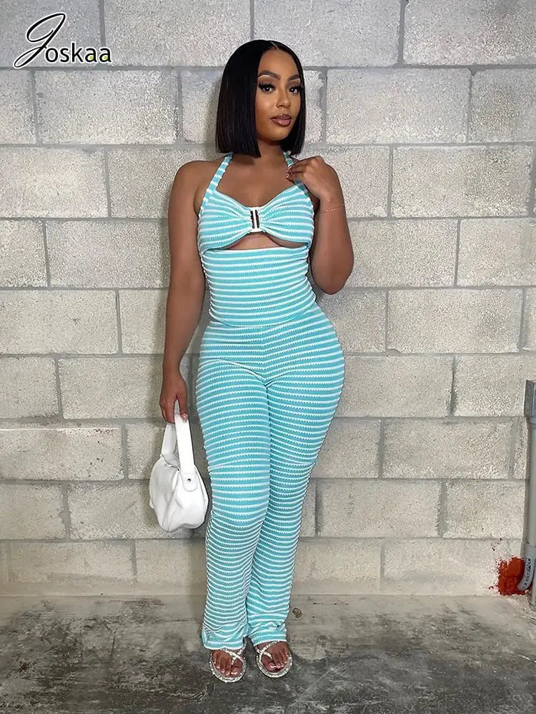 Women's Stripe Cutout Halter Two Piece Set – Women's Fashion Wholesale – Front View