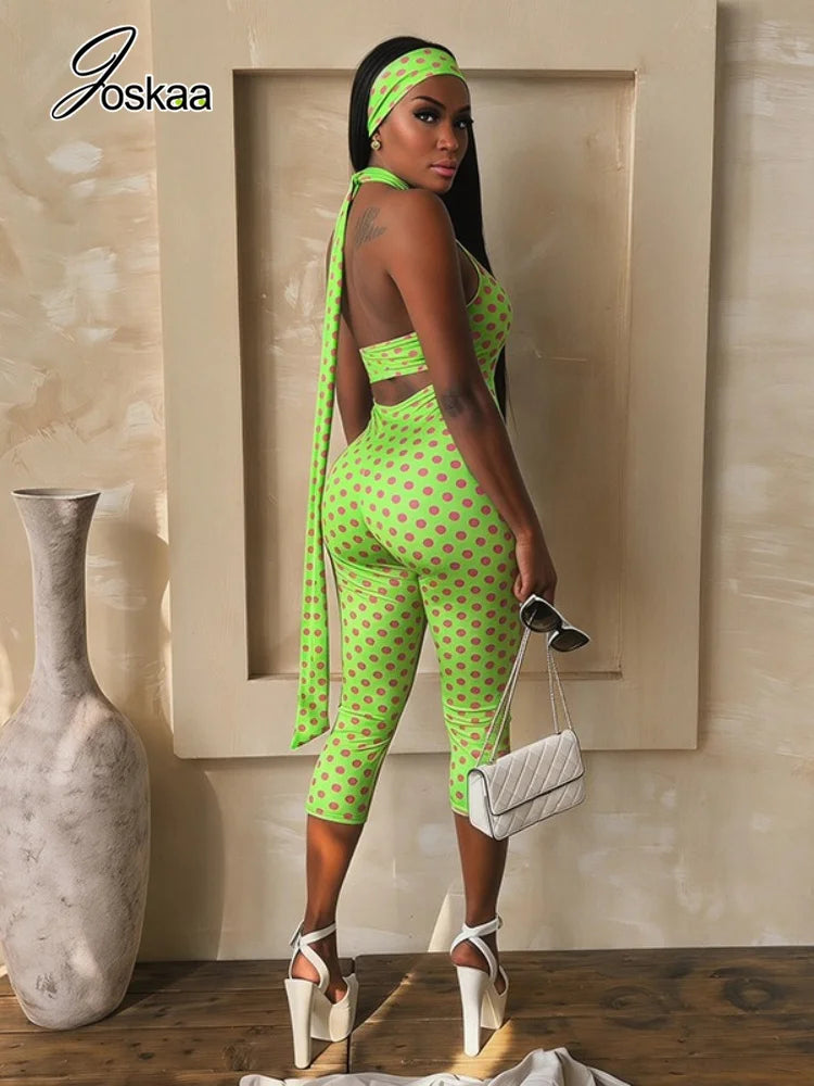 Women's Polka Dot Backless Cutout Romper Green – Side View