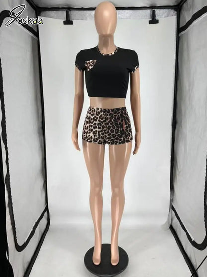 Women's Leopard Print Short Sleeve Crop Two Piece Set Pink – Detail View