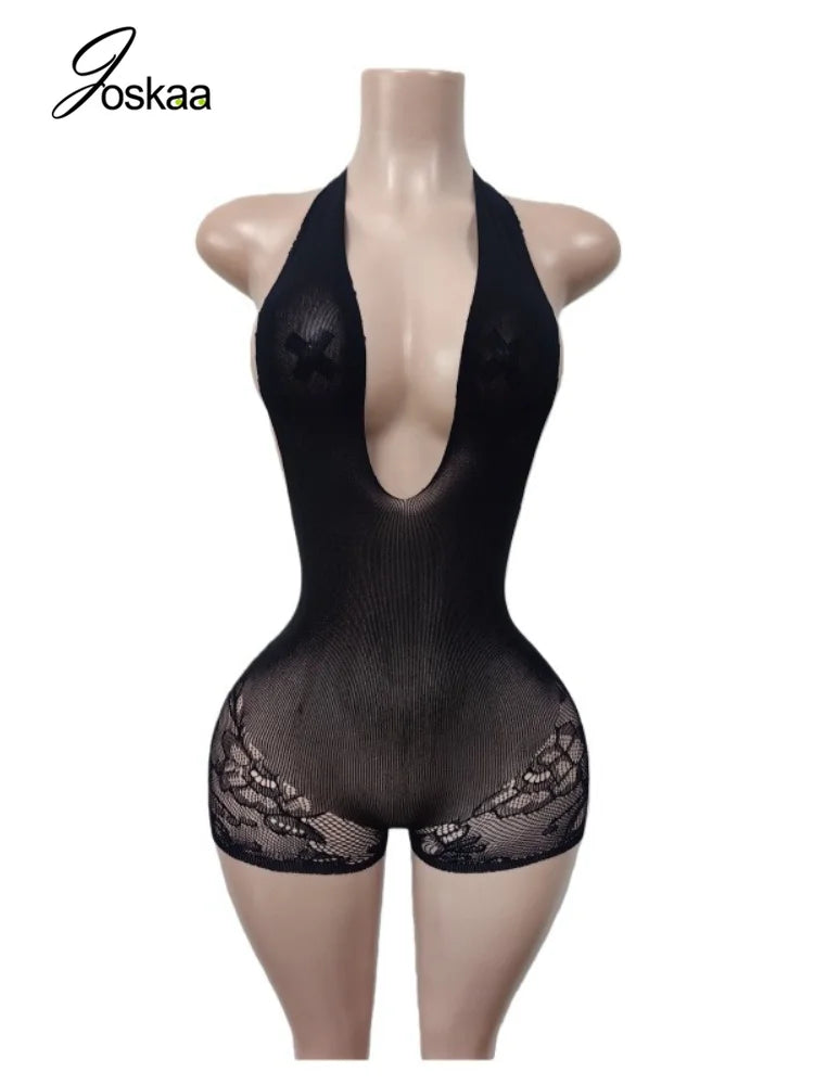 Women's Lace Backless V-neck Halter Romper - Detail View