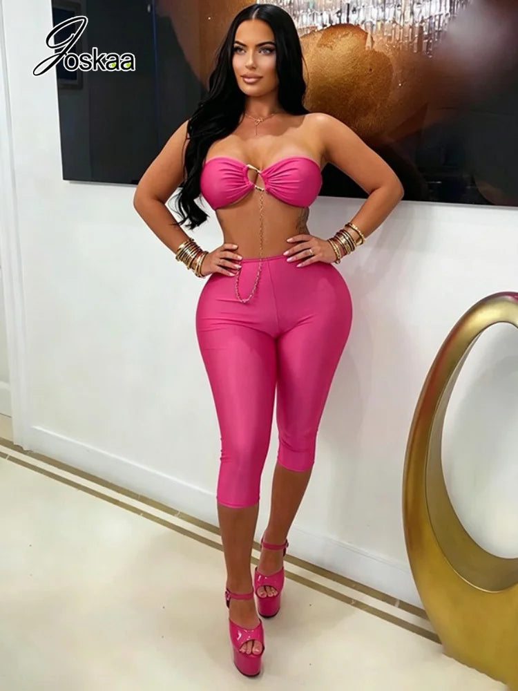 Women's Strapless Crop High Waist Two Piece Set Rose Red – Side View