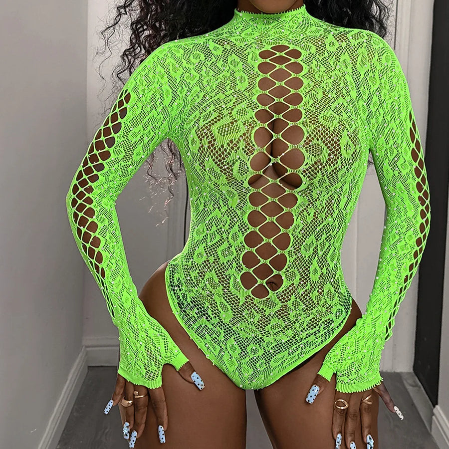 Joskaa Rhinestone Mesh Long Sleeve Bodysuit - bodysuit image 9