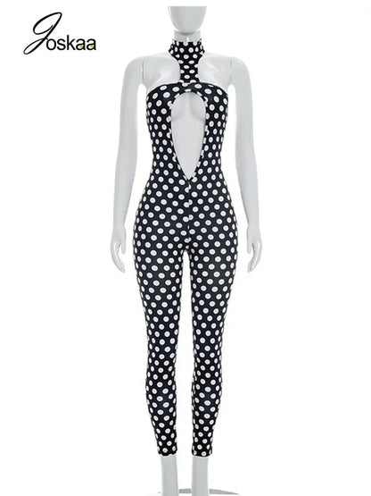 Women's Polka Dot Backless Cutout Romper Black – Back View