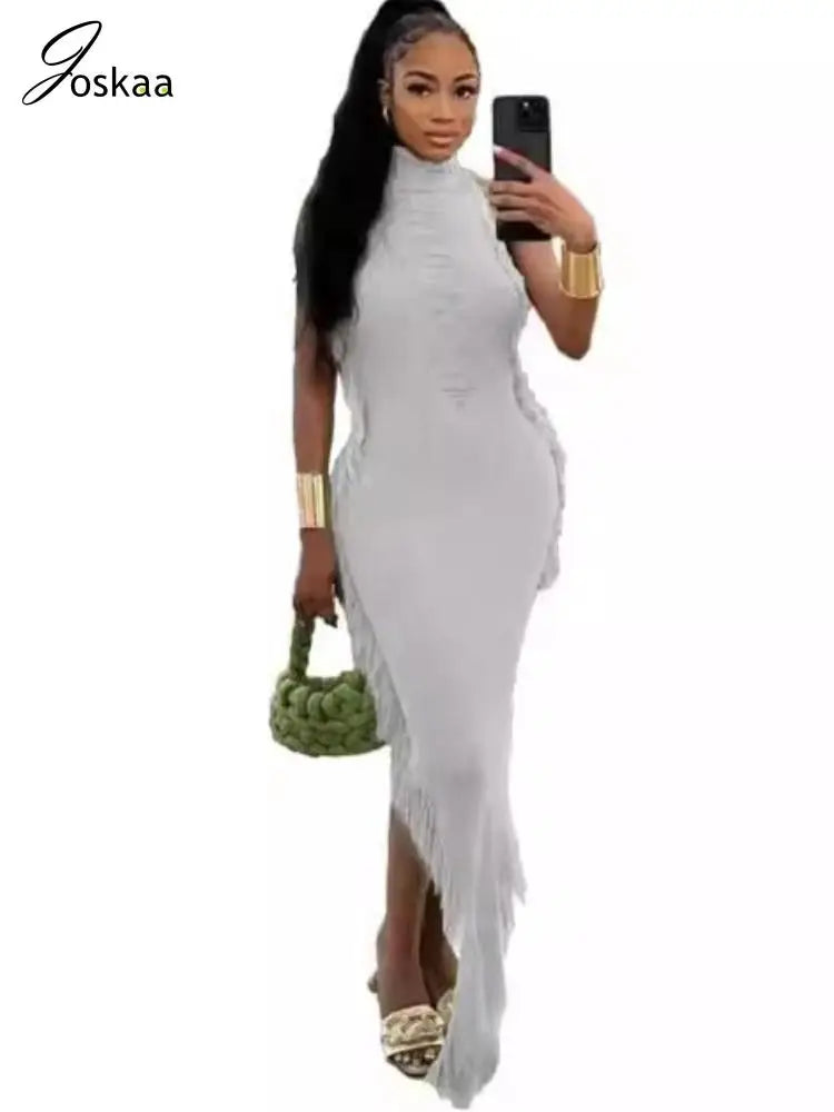 Women's Knit Ribbed Tassels Irregular Bodycon Dress Green – Back View
