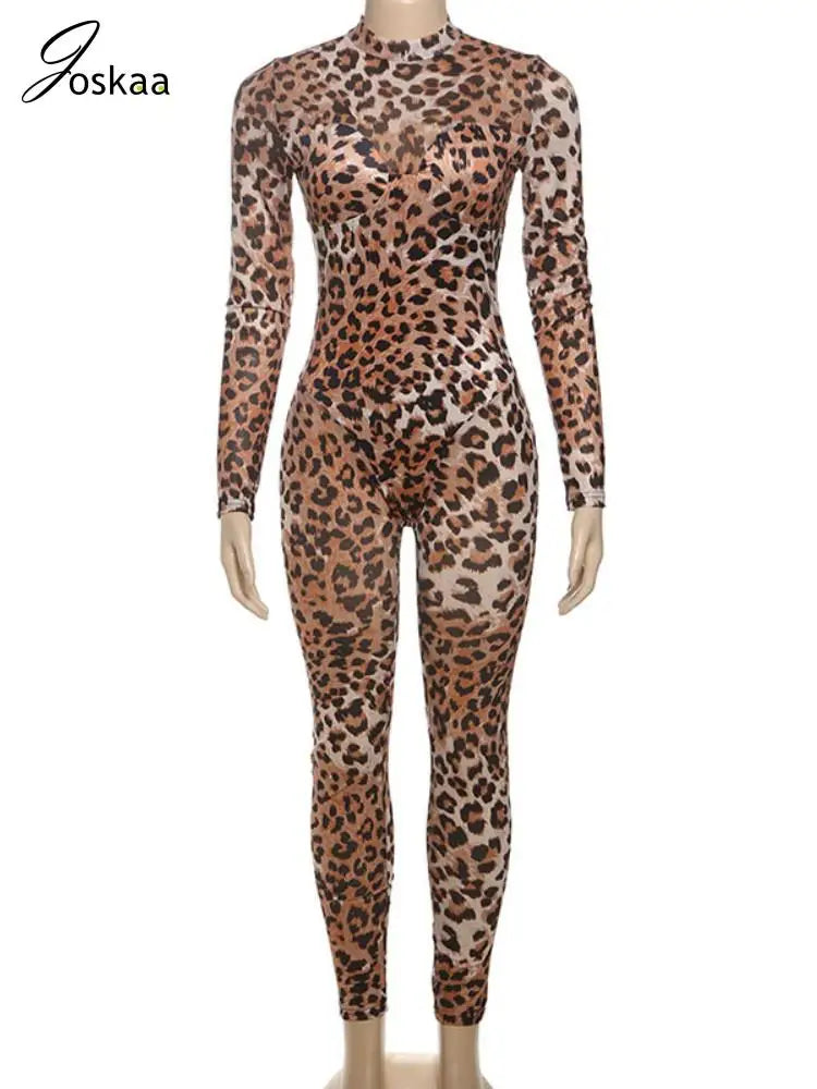 Women's Leopard Print Mesh Long Sleeve Romper Leopard Print – Back View