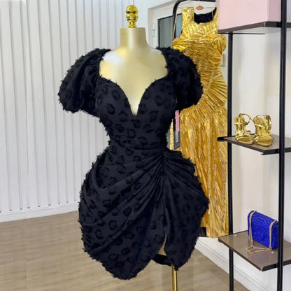 Women's Ruched Elegant V-neck Puff Mini Dress