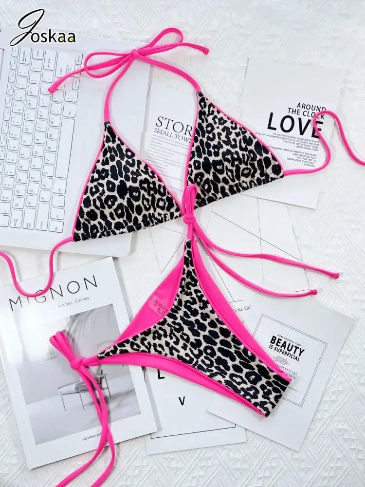 Women's Leopard Print Halter Swimwear Bikini Set Fluorescent Green – Back View