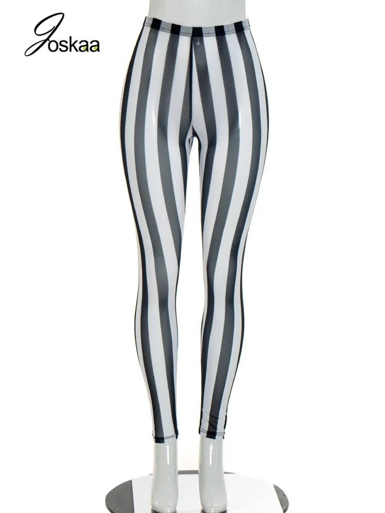 Women's Striped Mesh Bodycon Pants Vertical Stripe Leggings - Back View