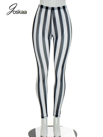 Women's Striped Mesh Bodycon Pants Vertical Stripe Leggings - Back View