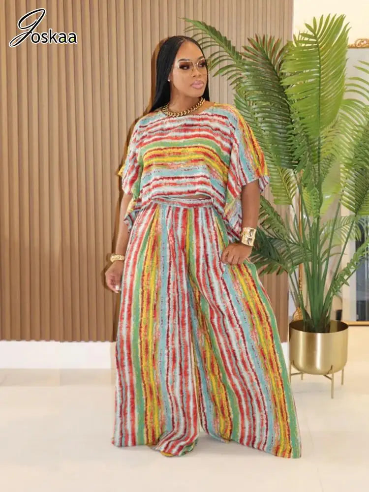 Women's Stripe Flare Wide Leg Two Piece Set Stripes – Side View