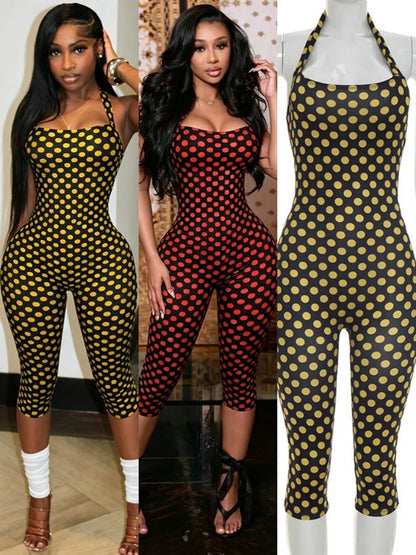 Women's Polka Dot Ruched Backless Halter Romper - Detail View 7