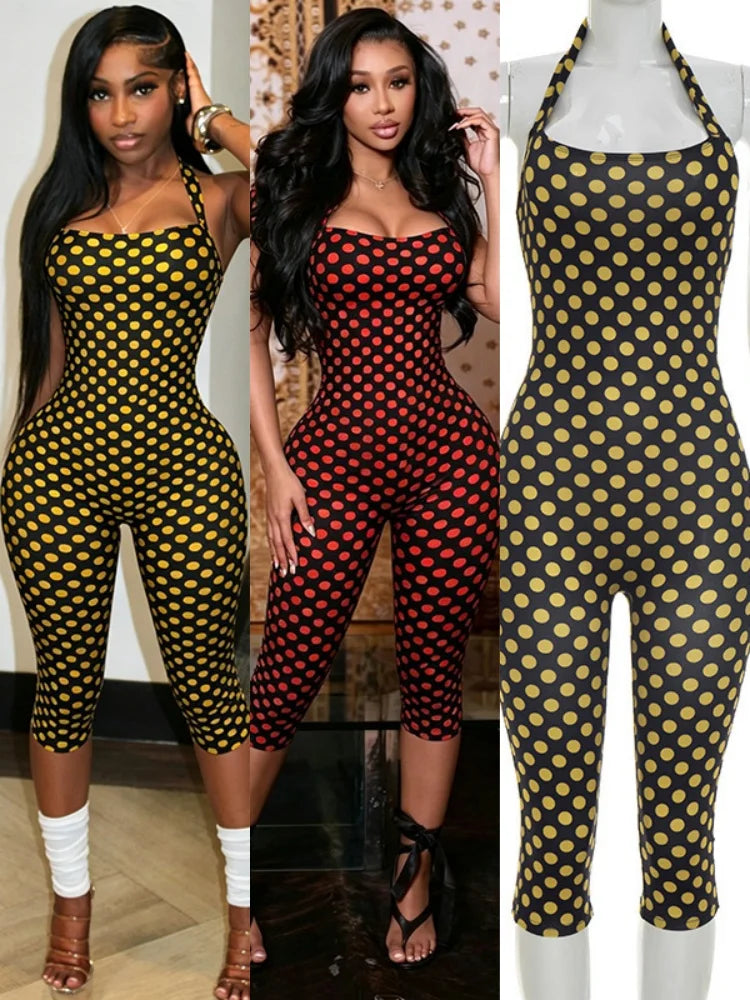 Women's Polka Dot Ruched Backless Halter Romper - Detail View 7
