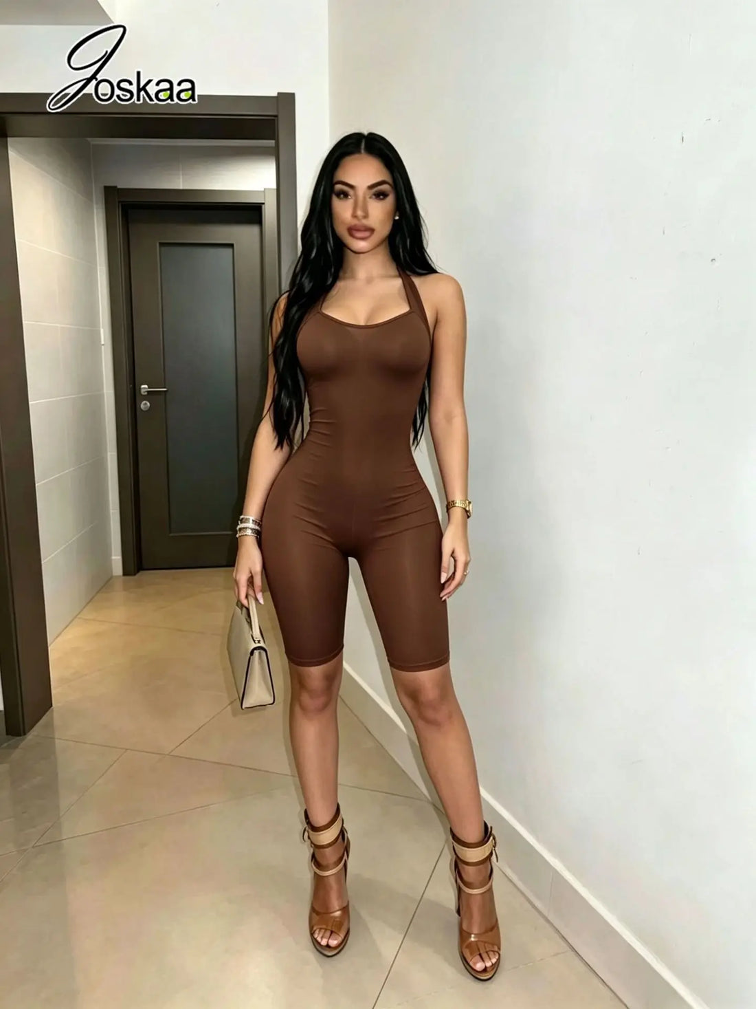 Women's Mesh Backless Halter Sleeveless Romper Red – Front View