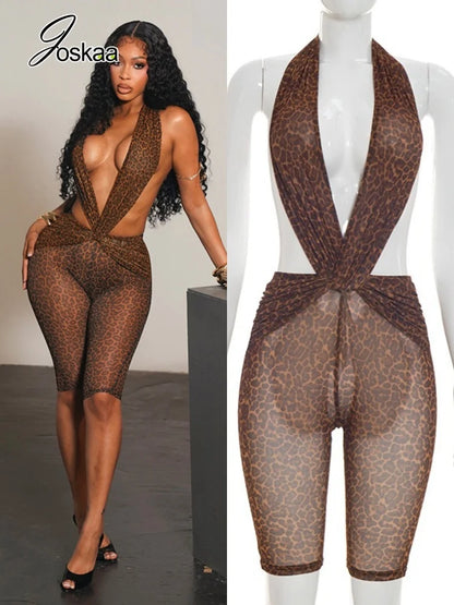 Women's Leopard Print Mesh Backless Romper – Women's Fashion Wholesale – Front View