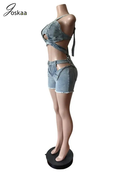 Women's Denim Cutout Stretch Irregular Tank Two Piece Set Light Blue – Detail View