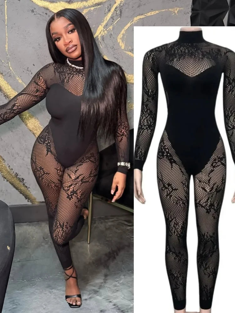 Wholesale Women's Lace Long Sleeve Bodycon Romper Black – Front View