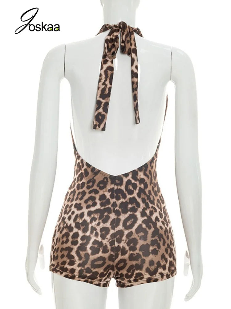 Women's Leopard Print Backless Halter Romper Yellow – Detail View