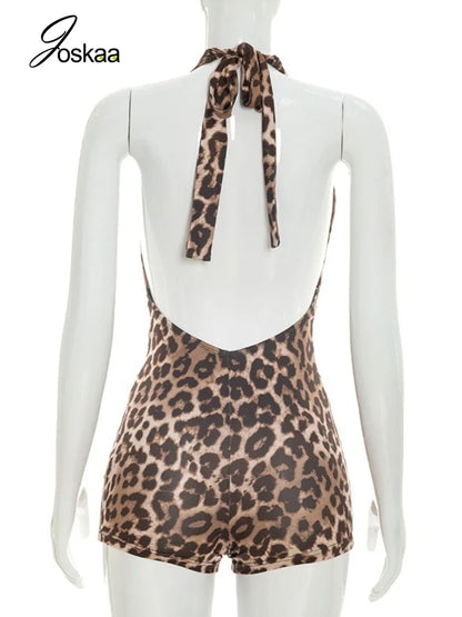 Women's Leopard Print Backless Halter Romper Yellow – Detail View