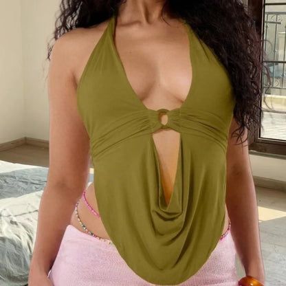 Women's Lace Backless Halter Lace-up Vests Deep Top