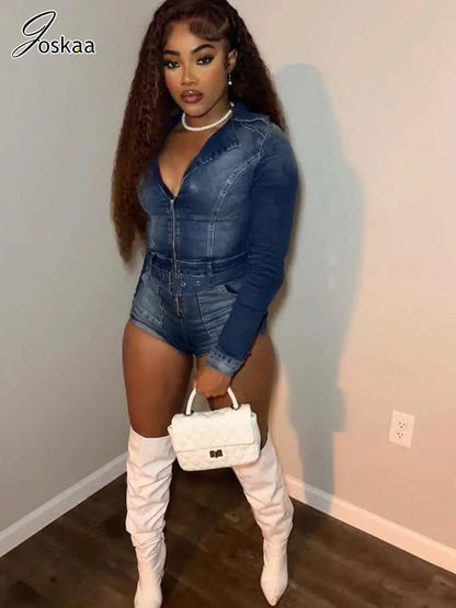 Women's Denim Long Sleeve Bodycon Romper Blue – Front View