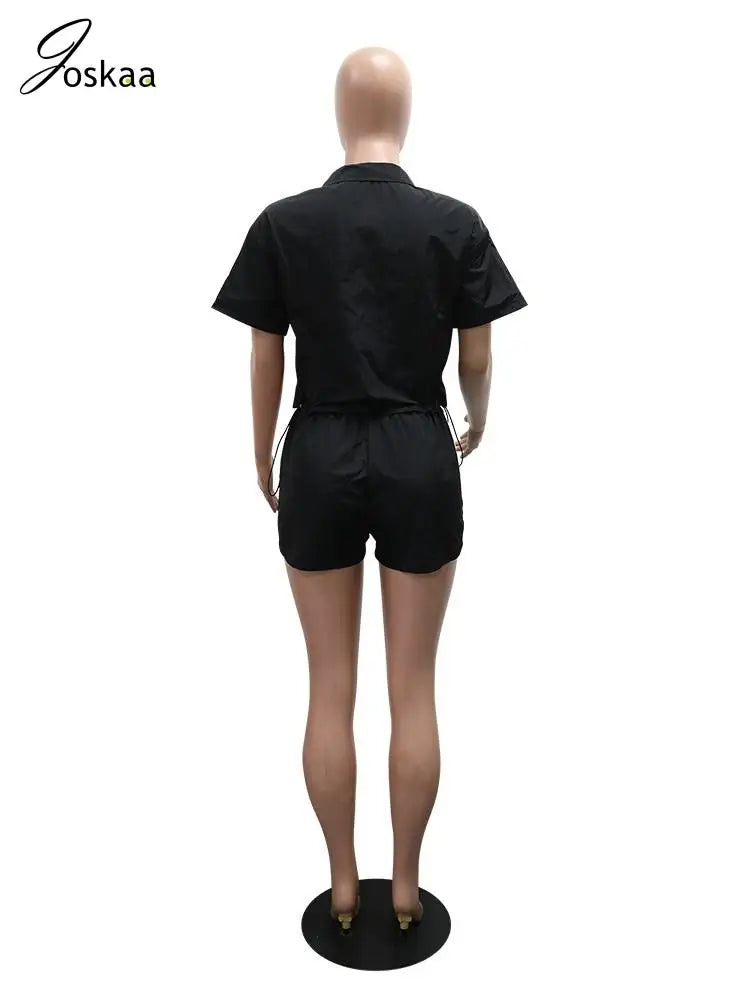 Women's Short Sleeve Sporty Patchwork Top Two Piece Set Black – Detail View