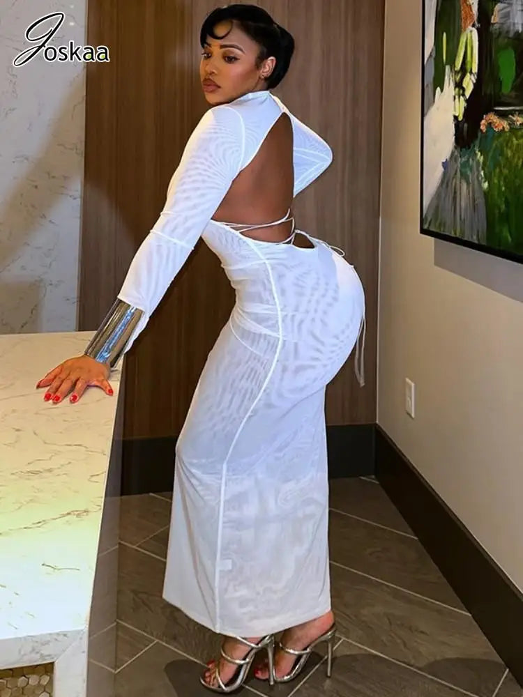 Women's Backless Long Sleeve Bodycon Maxi Dress Black – Front View