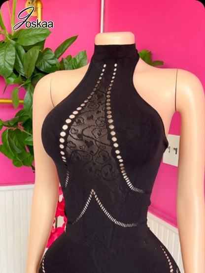 Women's Backless Cutout Halter Bodycon Romper Black – Back View