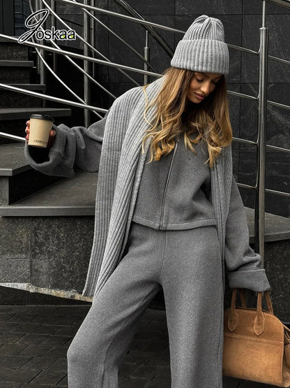 Women's Knit Long Sleeve Ribbed Zip Wide Two Piece Set Apricot – Side View
