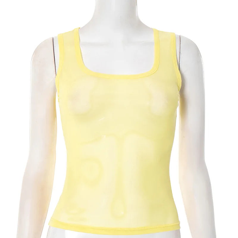 Women's Mesh Sleeveless Sheer Tank Square Top