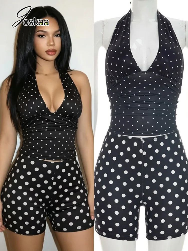 Women's Polka Dot Ruched V-neck Halter Two Piece Set - Women's Fashion Wholesale - Front View