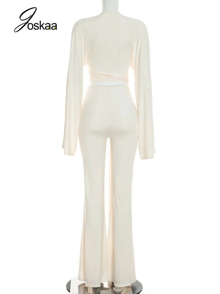 Women's Ruched V-neck Long Sleeve High Waist Two Piece Set - Detail View
