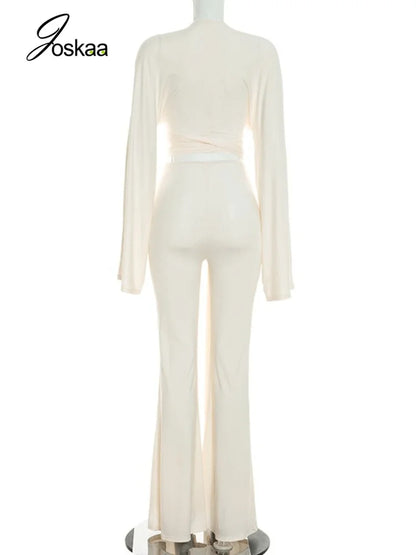 Women's Ruched V-neck Long Sleeve High Waist Two Piece Set - Detail View