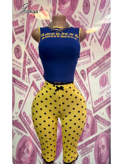 Women's Polka Dot Printed Sweet Two Piece Set Blue Top – Back View