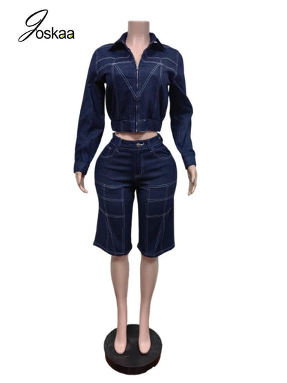 Women's Denim Print Zip Up Long Sleeve Two Piece Set - Side View