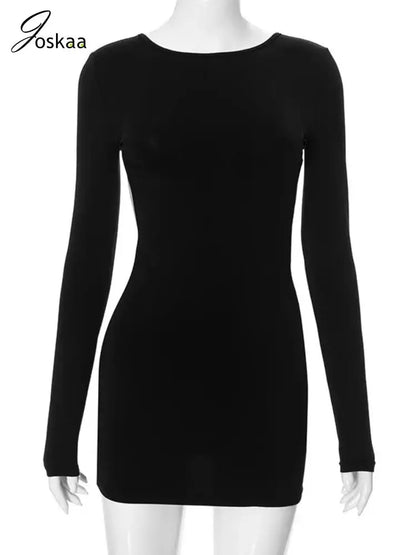 Women's Backless Cutout Long Sleeve Mini Dress Black – Back View