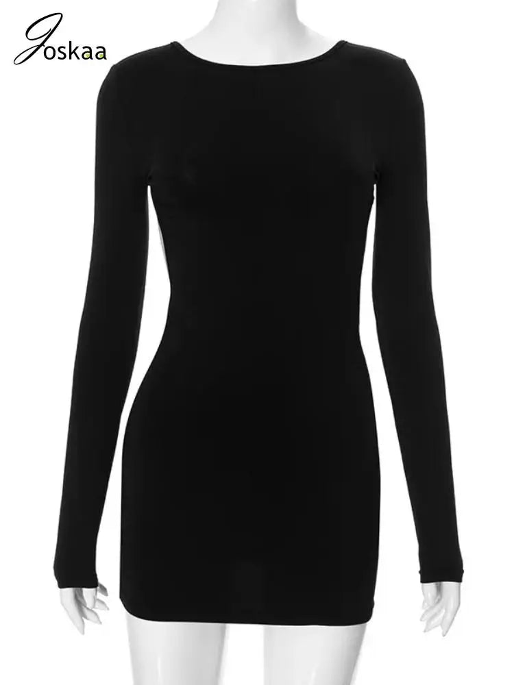 Women's Backless Cutout Long Sleeve Mini Dress Black – Back View