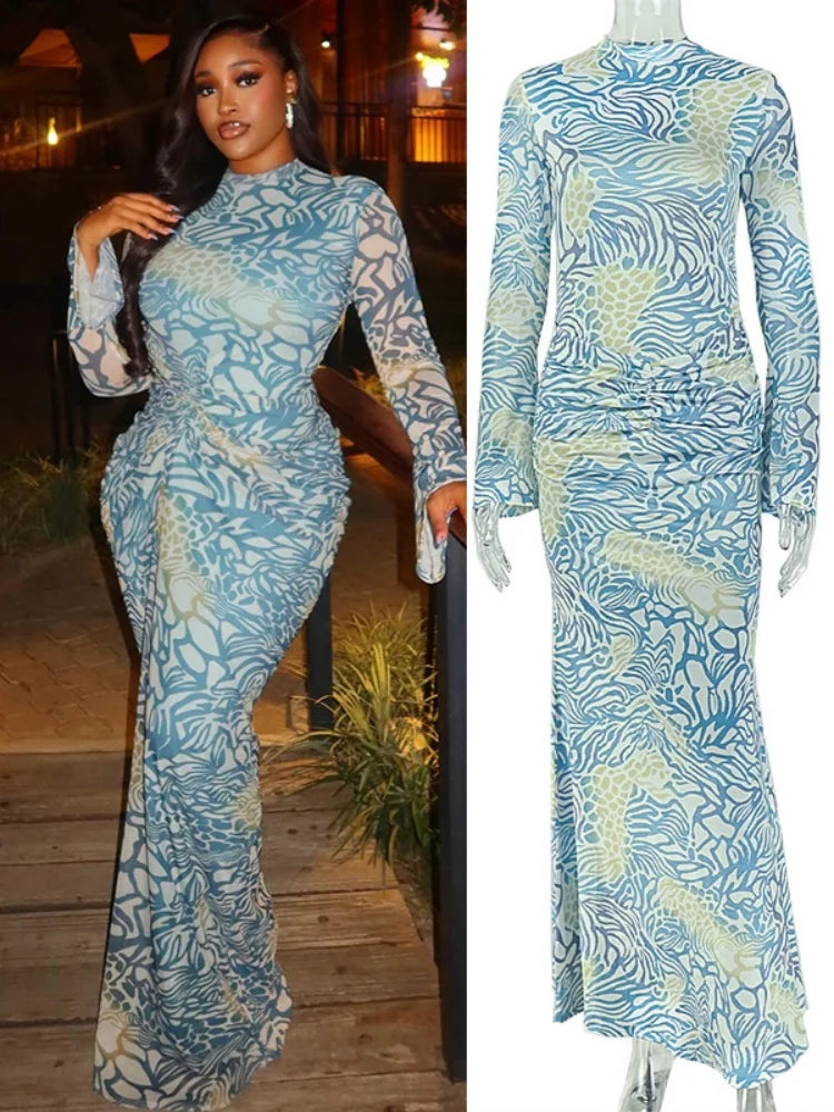 Women's Mesh Ruched Long Sleeve Bodycon Maxi Dress - Additional View 8